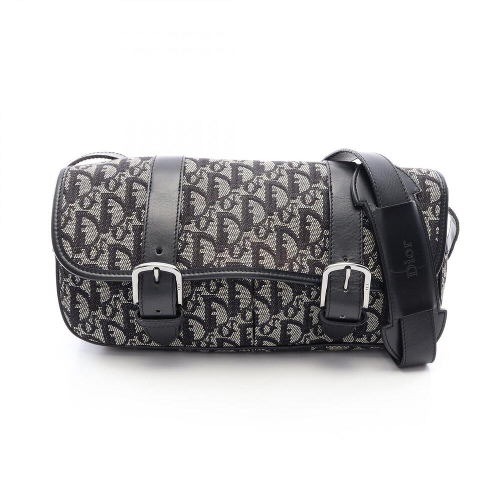 Christian Dior Trotter Shoulder Bag Canvas Leather Black Beige Cream